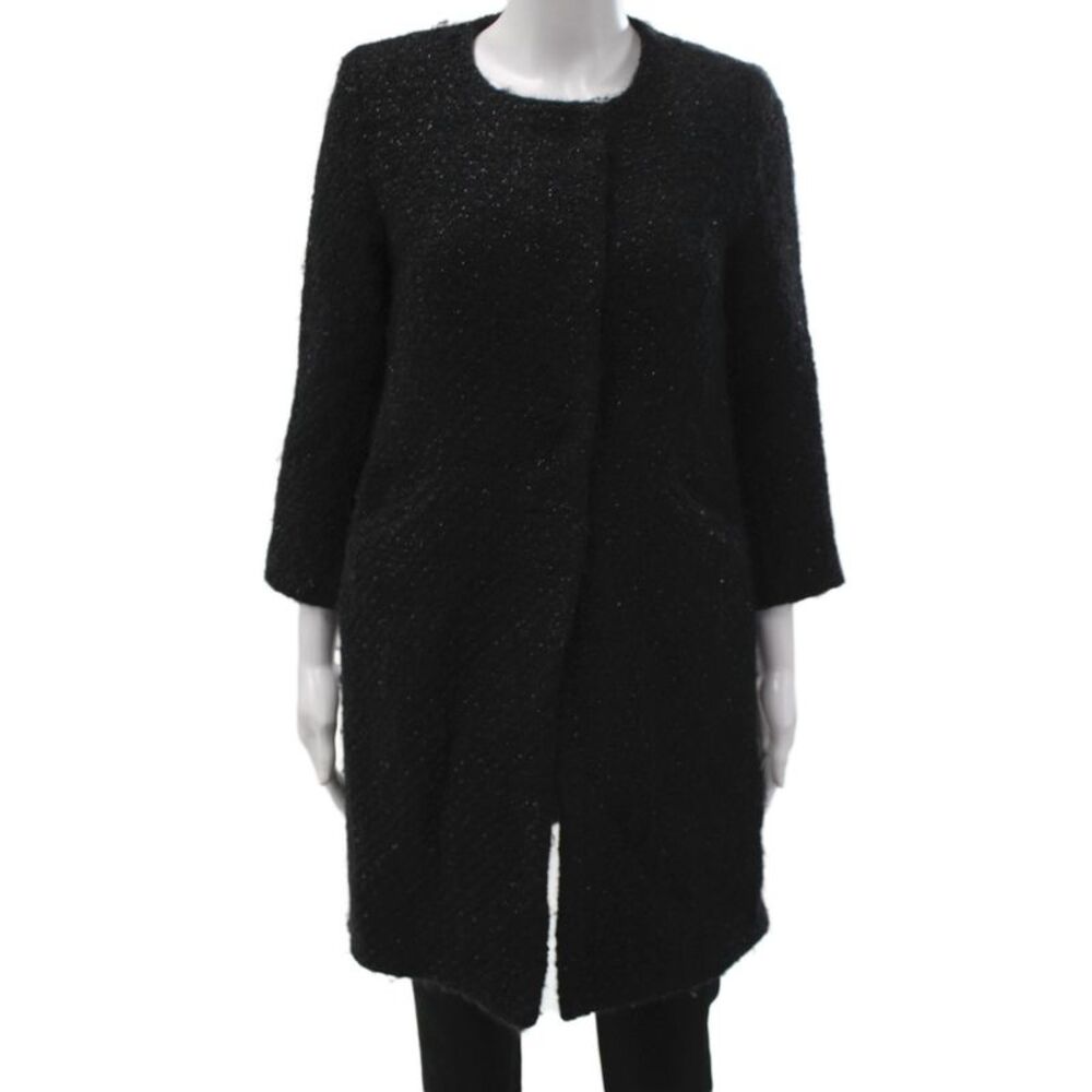 Milly Womens Black Wool Overcoat Button 3/4 Sleeve Classic Size 4